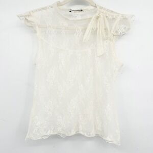 Stargazer Womens Vintage Y2K Fairycore‎ Delicate Lace Sheer Ivory Blouse Top